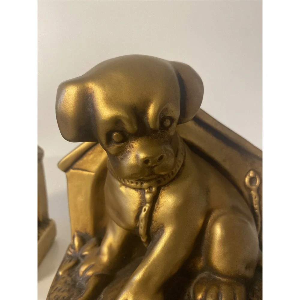 Gold Puppy Doghouse Bookends Vintage Chalkware Mid century